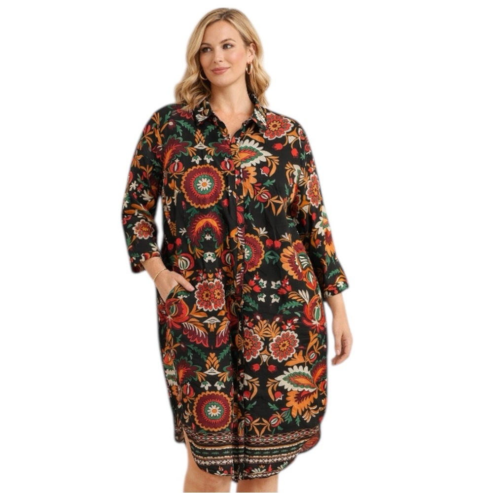Live 4 Truth 2X Boho Floral Tunic Shirt Dress Button Front Long Sleeve